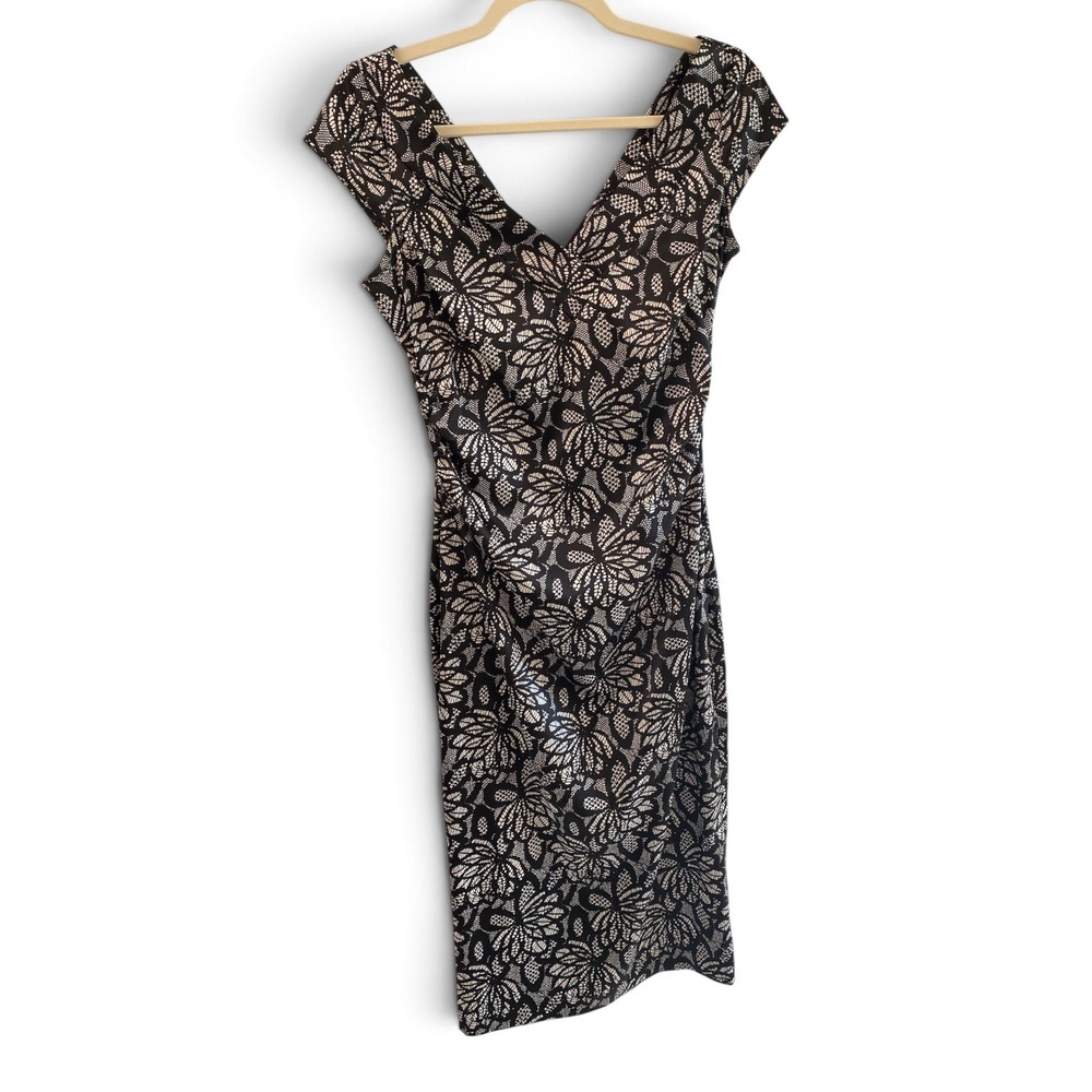 Maggy London Womens Black White Floral Lace Print V-Neck Sheath Dress Size 6
